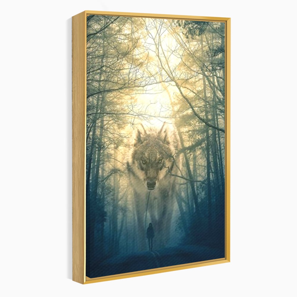 Tablou canvas cu ilustratie digitala cu un lup gigant si o silueta umana, in rama de aluminiu auriu